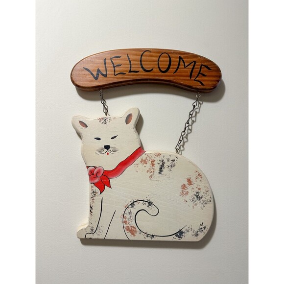 Vintage Handmade Welcome Cat Sign Plaque Hand Painted Country White Brown